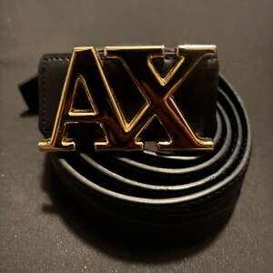 Armani Exchange Black Leather Belt with Gold AX Logo Buckle